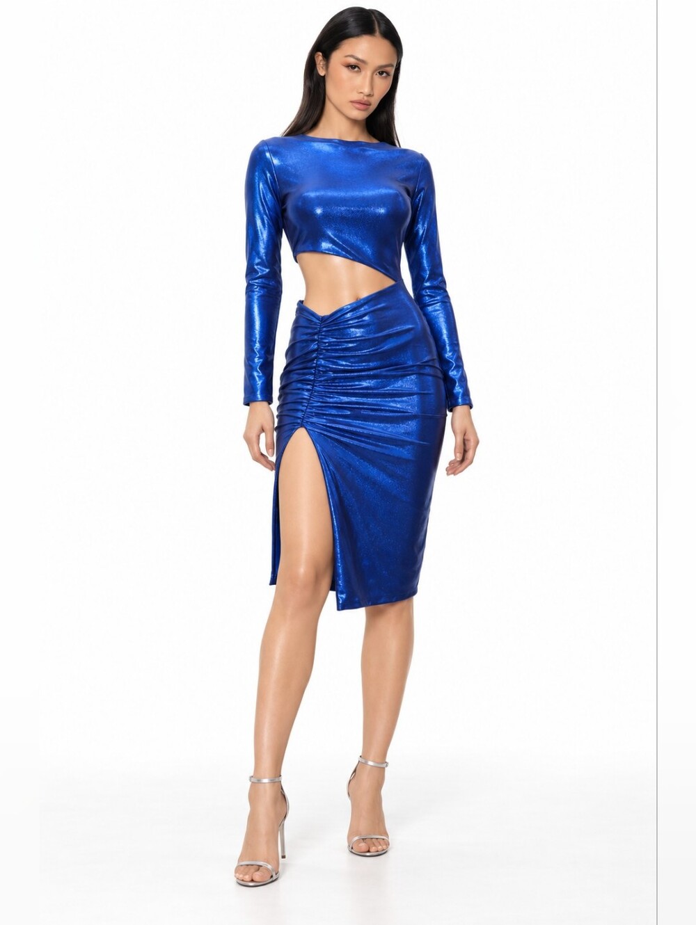 Royal Blue Metallic Cutout Ruched Bodycon Midi Dress S/M